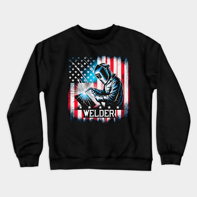 Welding Funny Welder Quotes USA American Flag Crewneck Sweatshirt by Visual Vibes